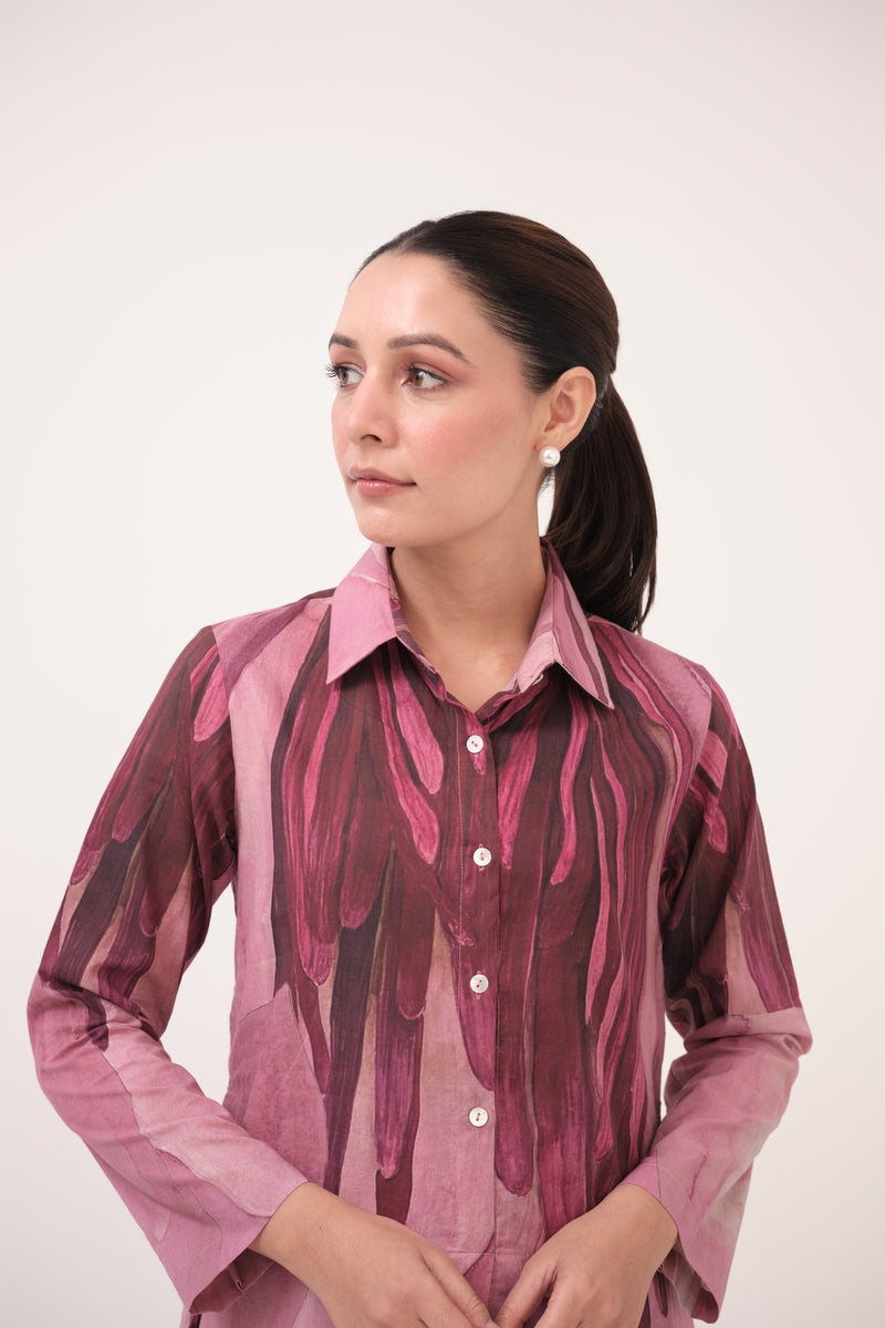 Watercolour Lotus Print Shirt Dress Mulberry Pink