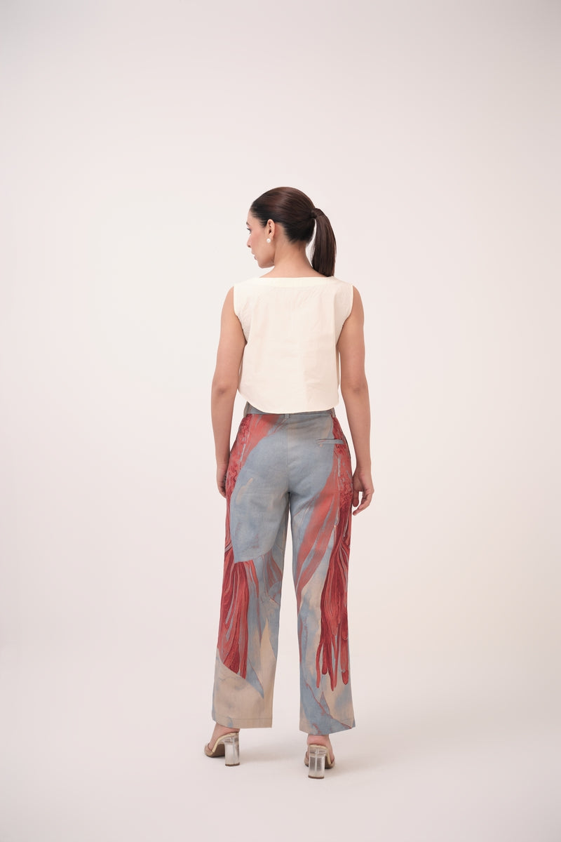 Watercolour Lotus Print Denim Straight Pants Teal