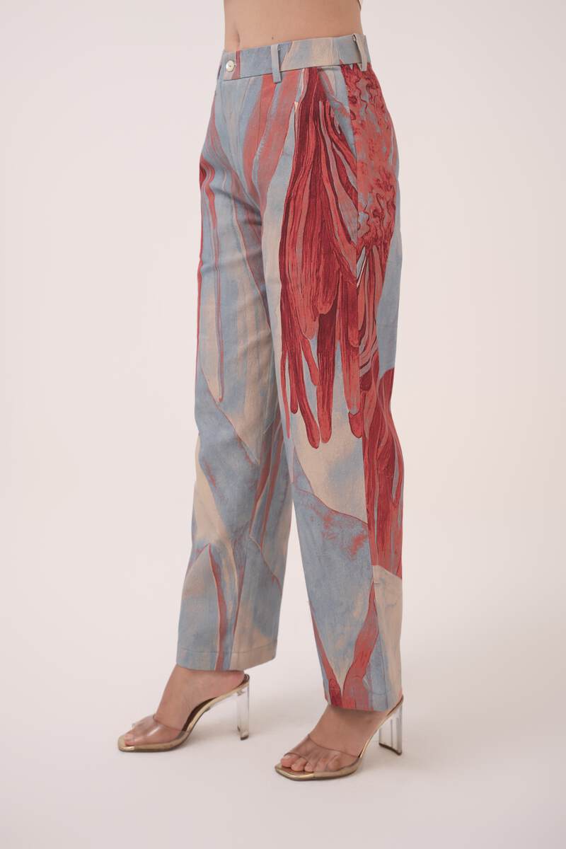 Watercolour Lotus Print Denim Straight Pants Teal