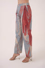Watercolour Lotus Print Denim Straight Pants Teal