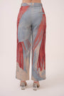 Watercolour Lotus Print Denim Straight Pants Teal
