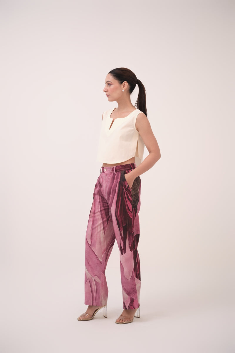 Watercolour Lotus Print Denim Straight Pants  Mulberry Pink
