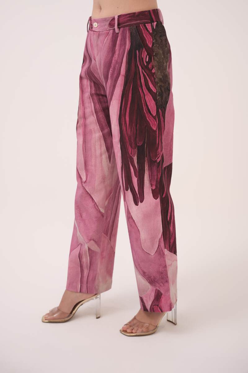 Watercolour Lotus Print Denim Straight Pants  Mulberry Pink