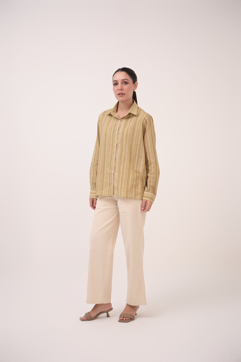 Gradient Striped Cotton Shirt Beige & Green