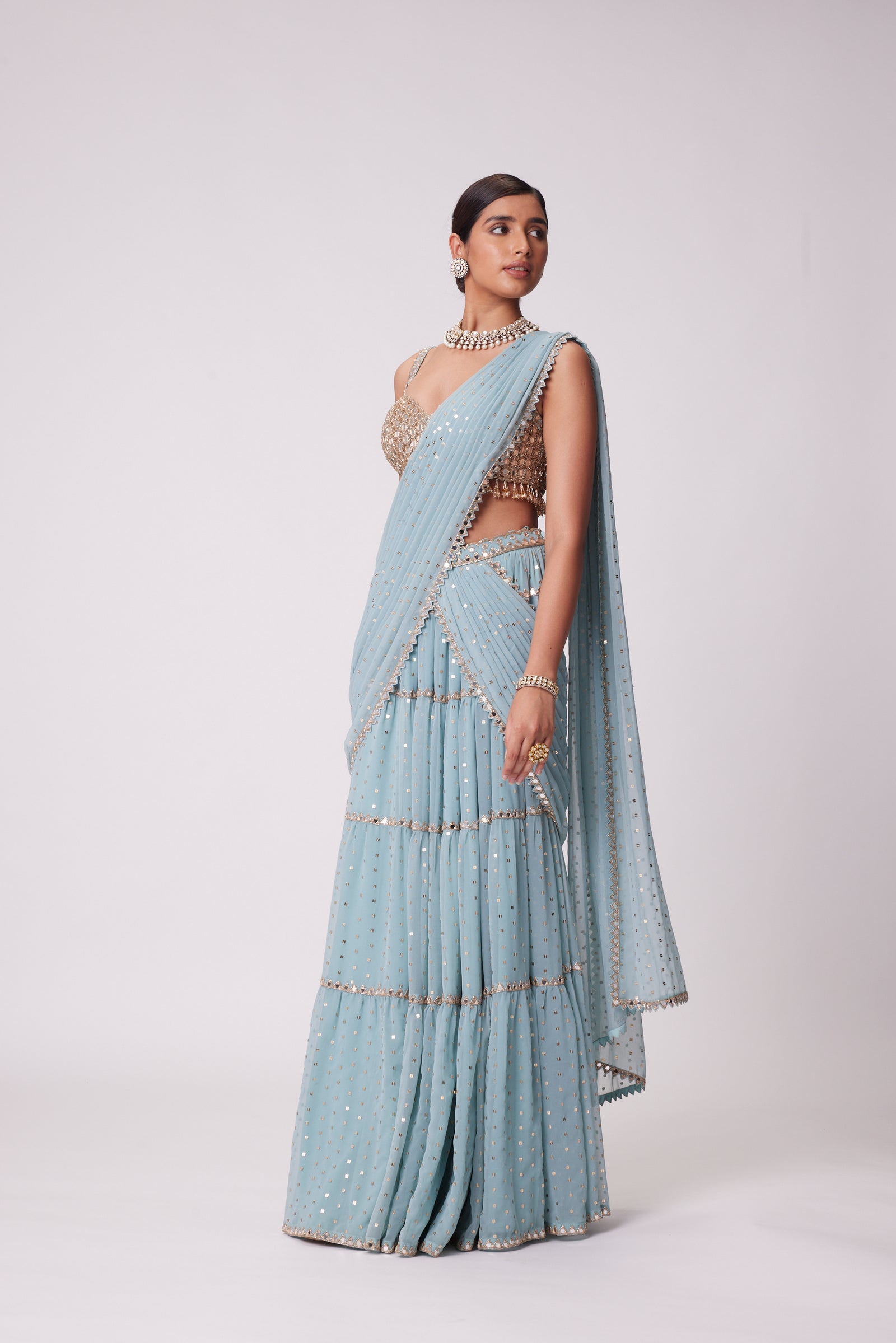 Powder Blue Multi Tier Saree Set
