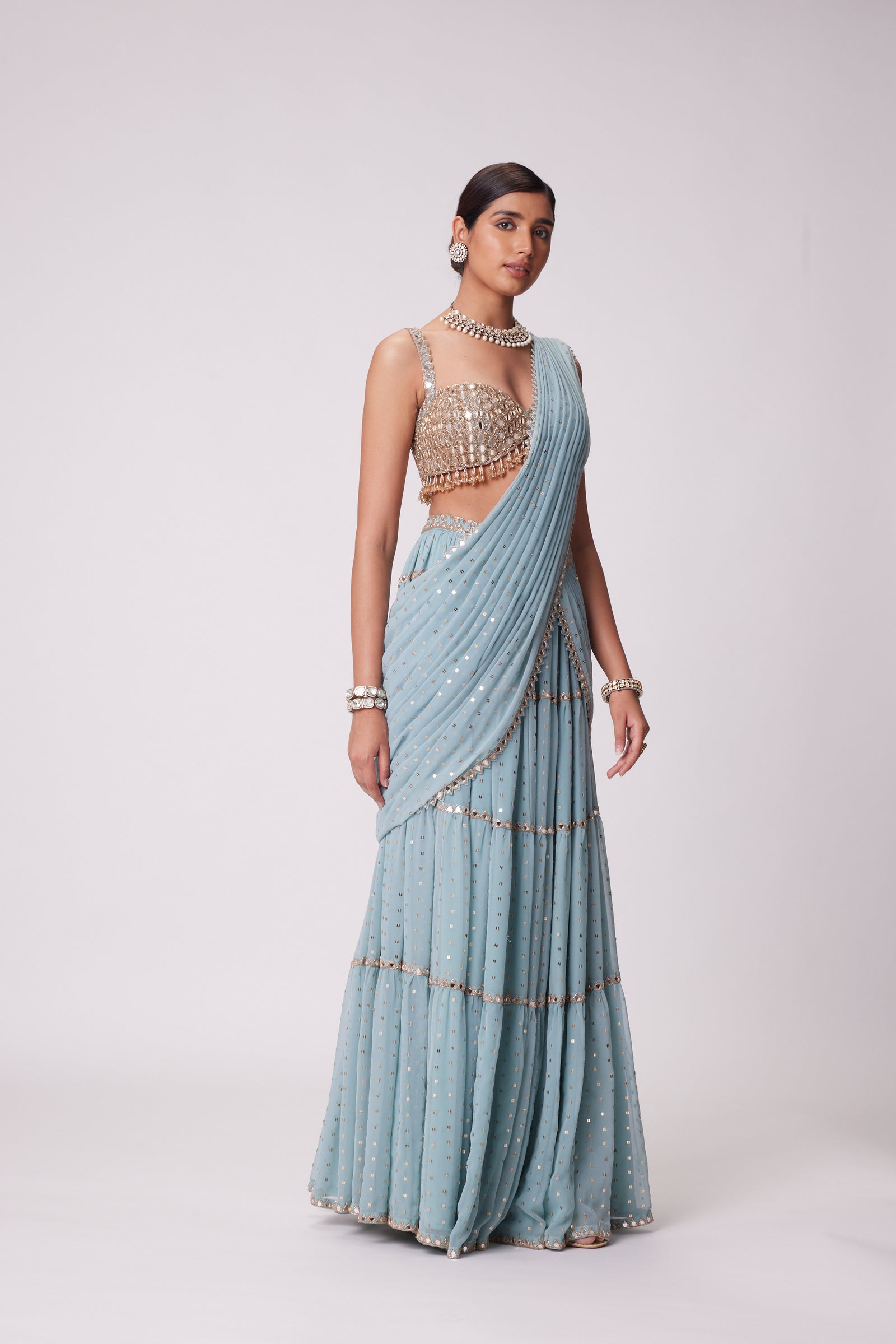 Powder Blue Multi Tier Saree Set