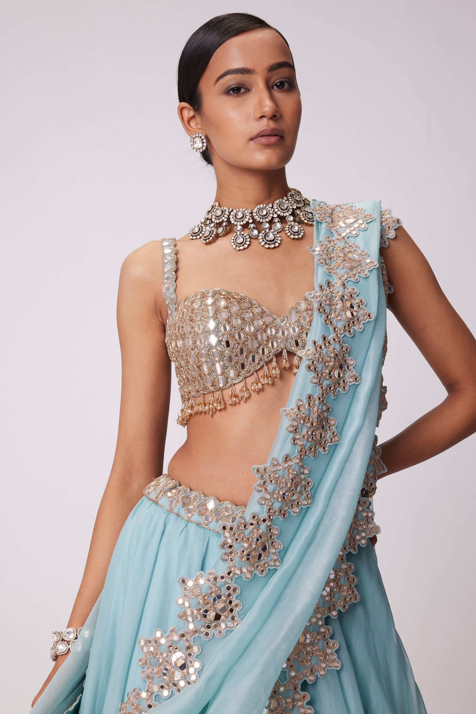 Powder Blue Organza Hand Embroidered Lehenga Set