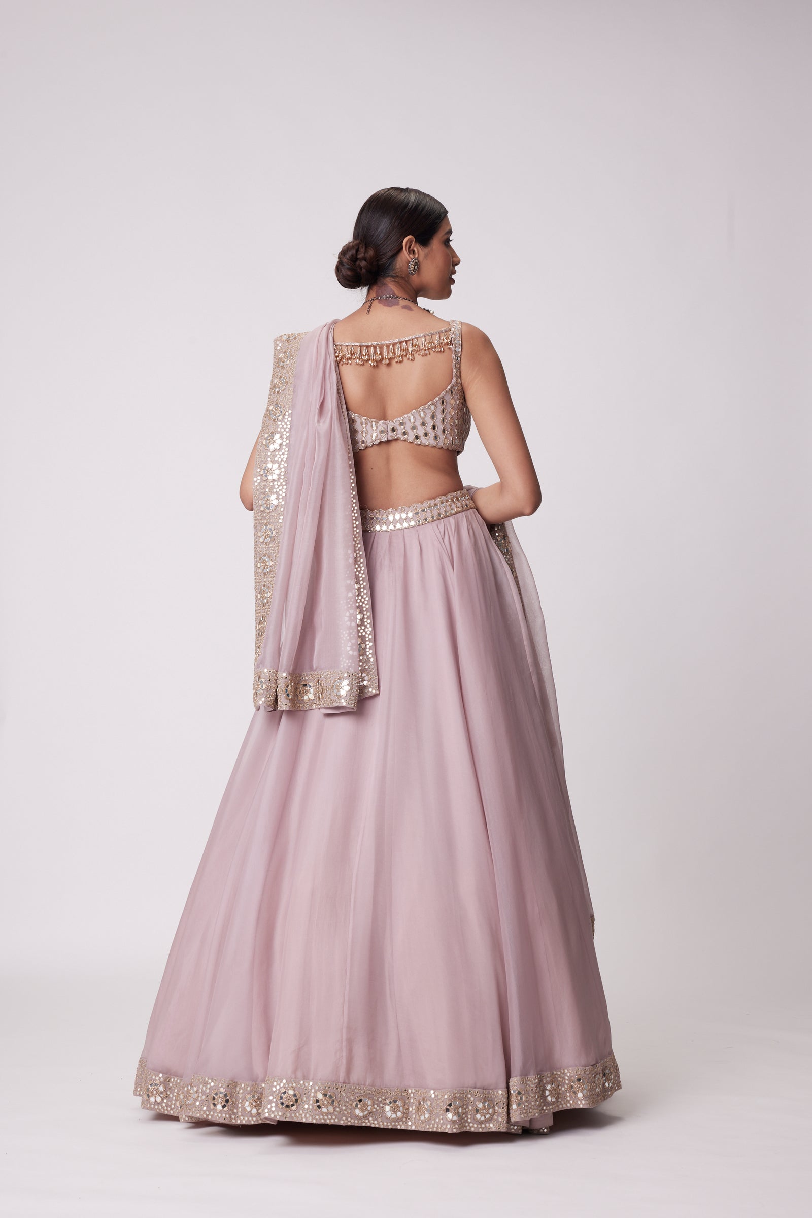 Ash Pink Mirror Hand Embroidered Lehenga Set