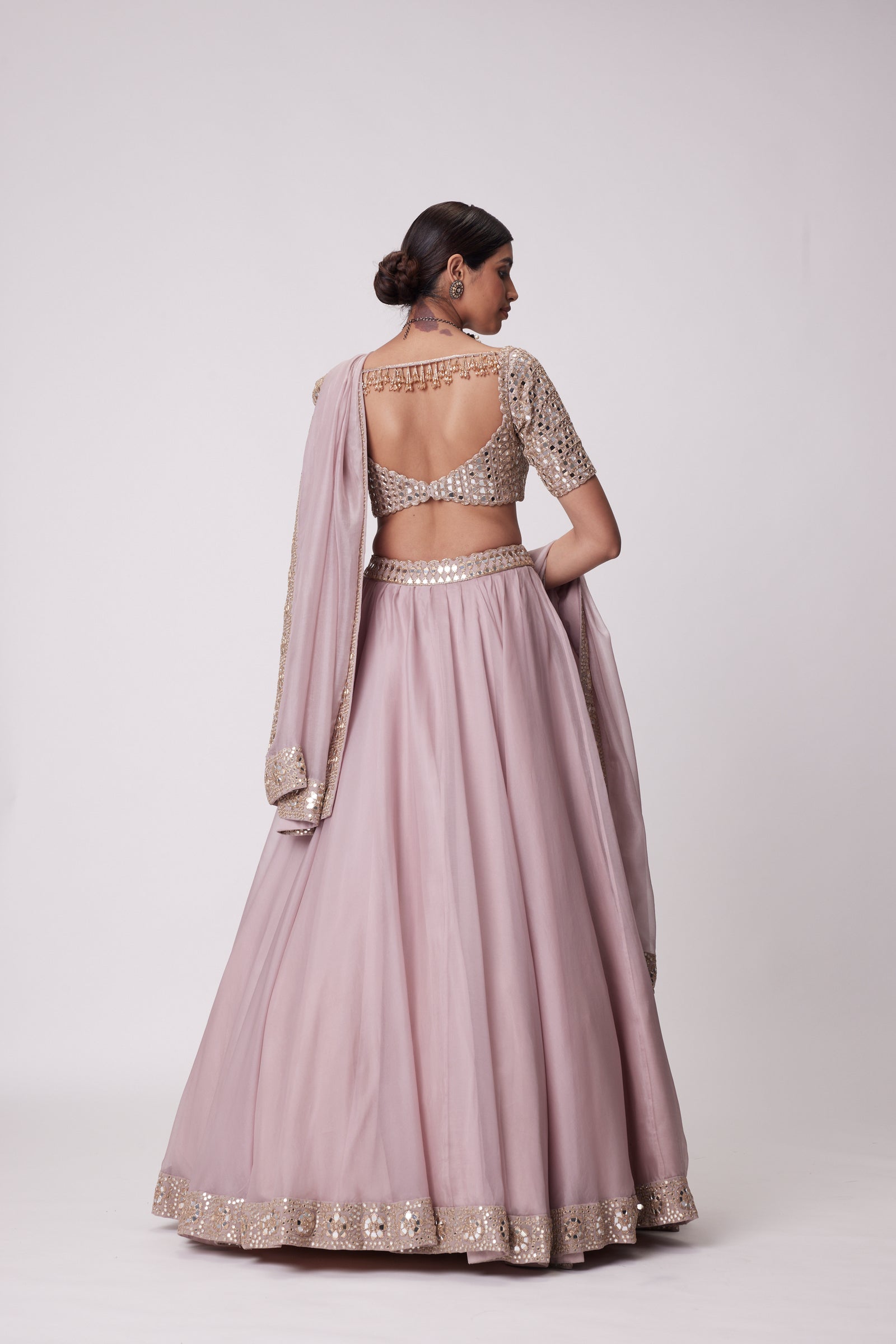 Ash Pink Flower Border Organza Lehenga Set