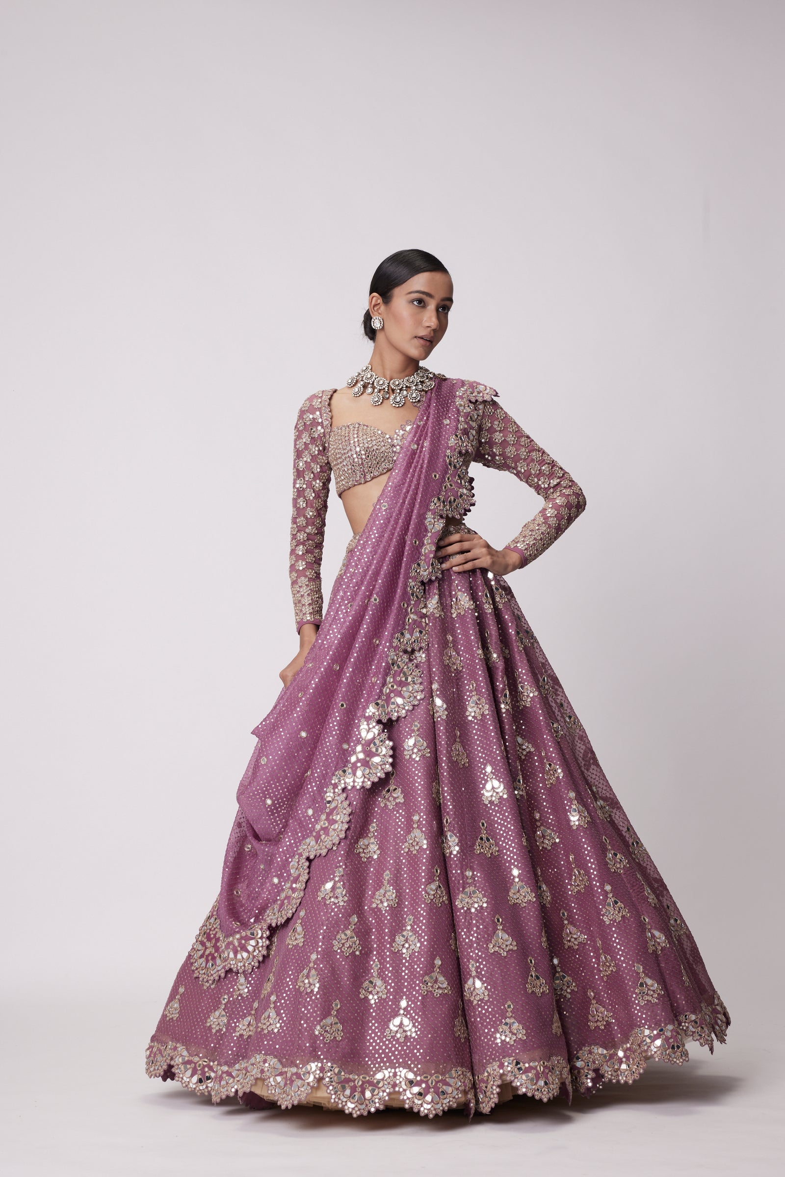Mud  Mauve Sequin And Flower Embroidered Lehenga Set