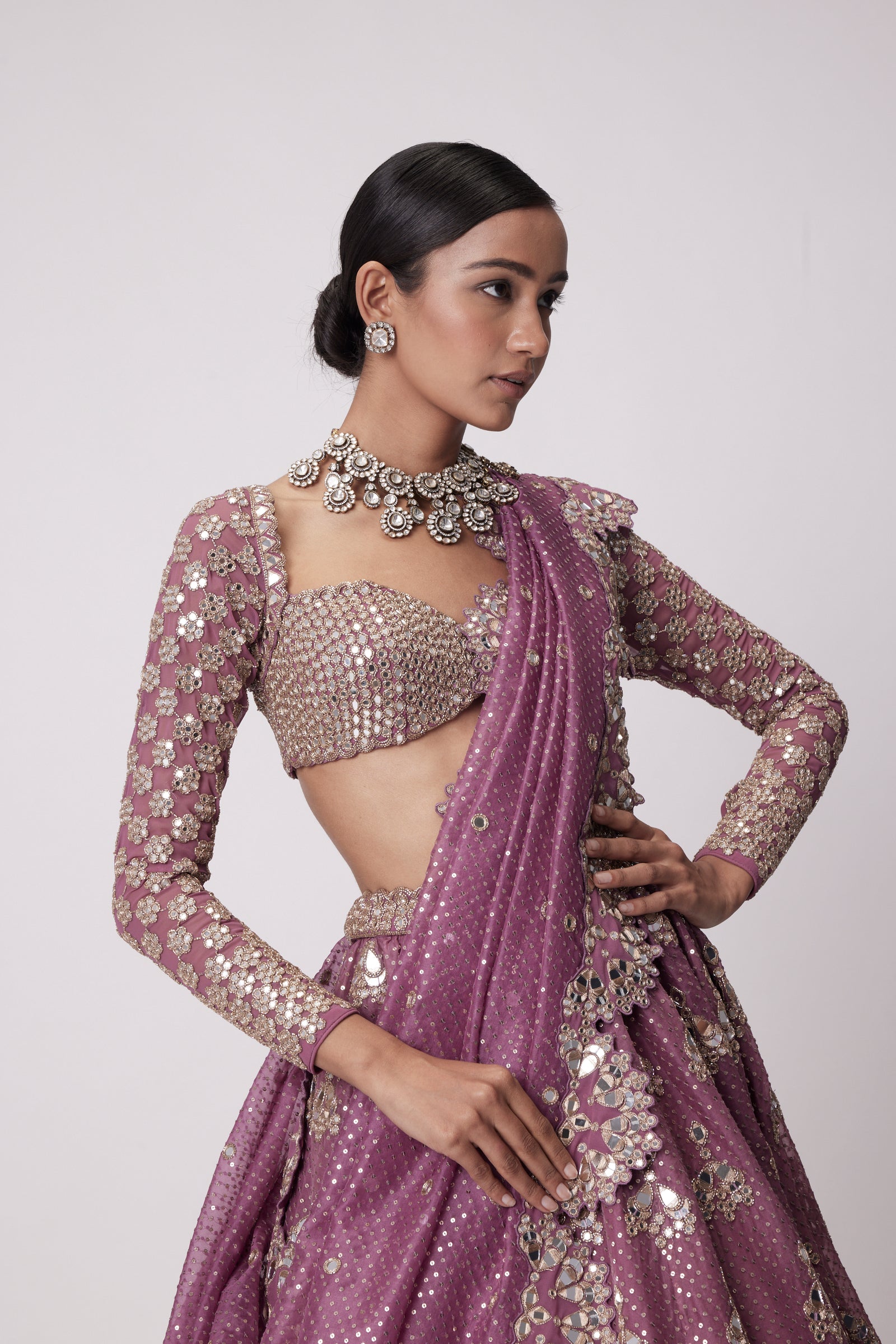 Mud  Mauve Sequin And Flower Embroidered Lehenga Set