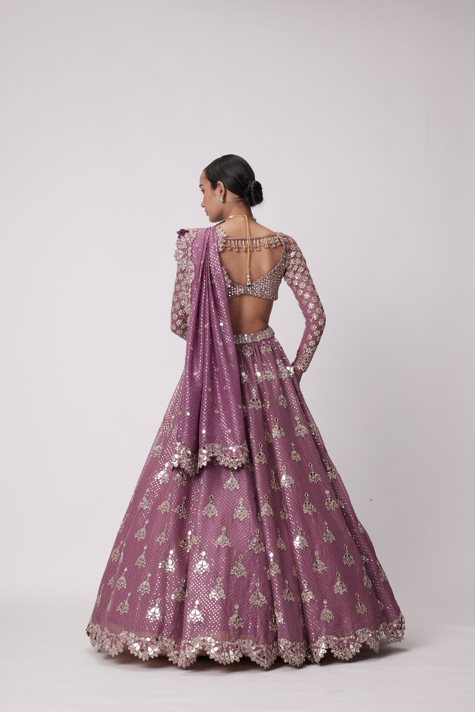 Mud  Mauve Sequin And Flower Embroidered Lehenga Set