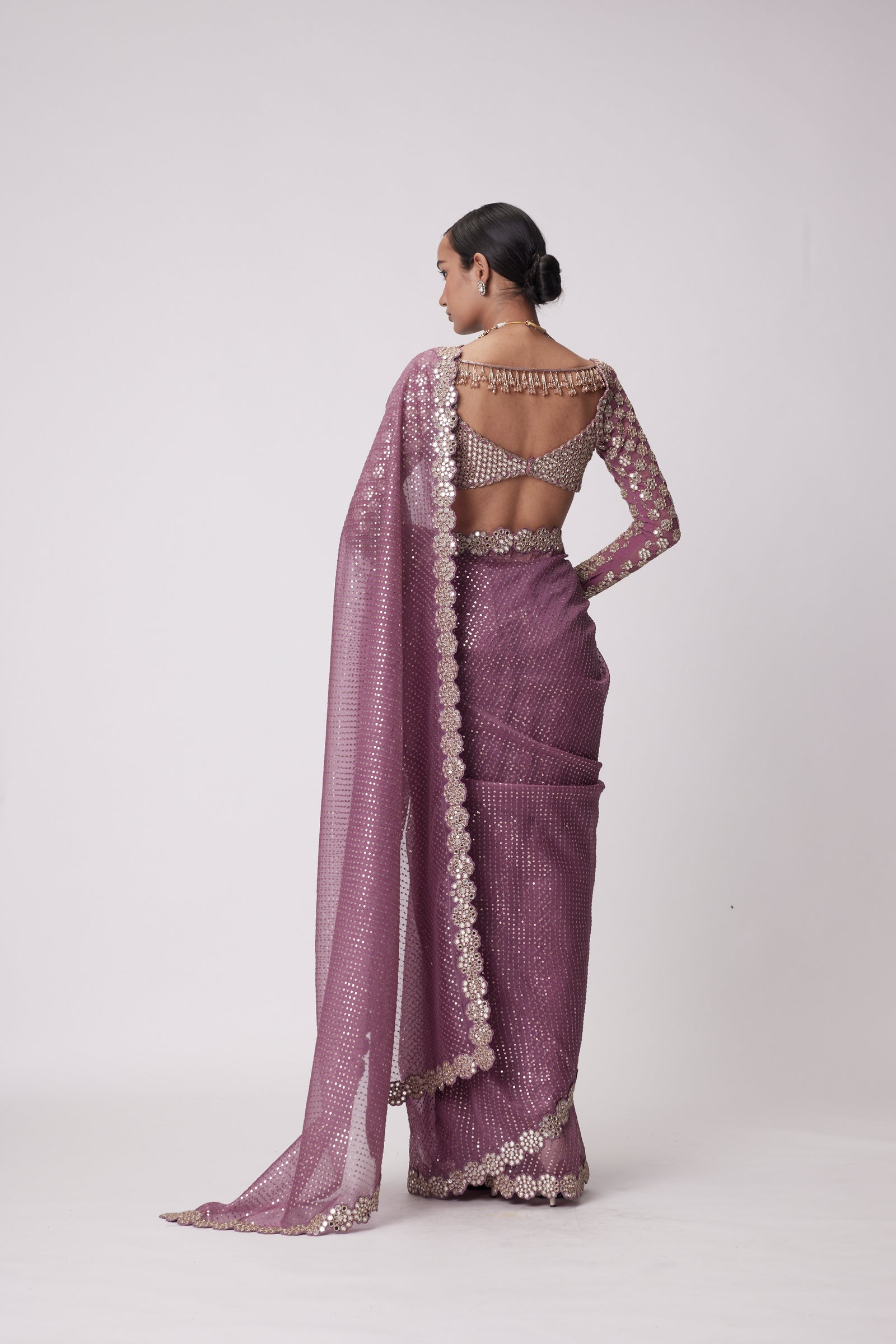 Mud  Mauve Hand Embroidered Organza Saree Set