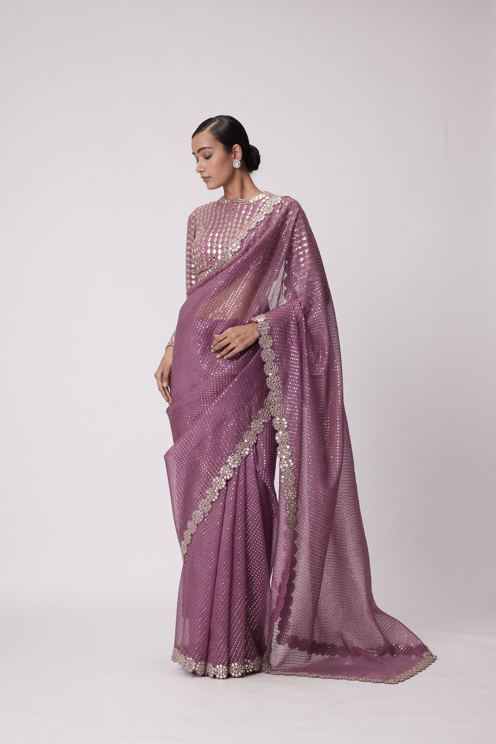 Mud  Mauve Hand Embroidered Saree Set