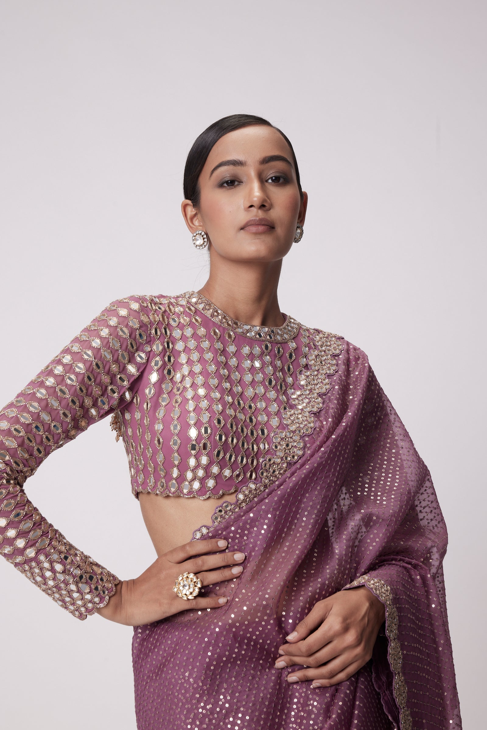 Mud  Mauve Hand Embroidered Saree Set