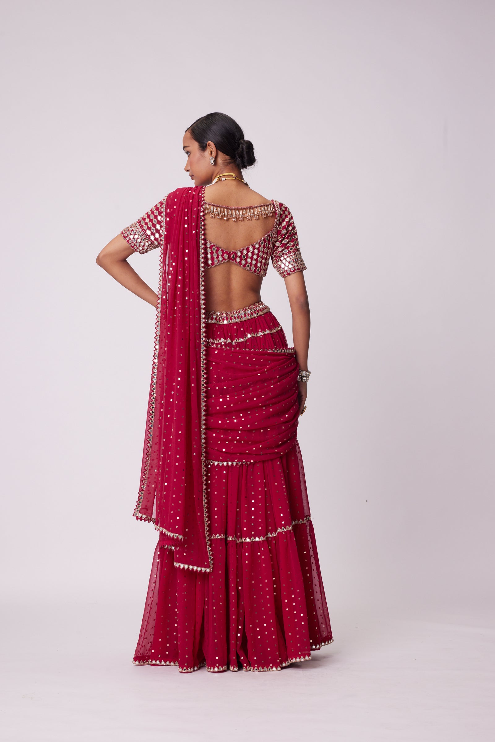 Crimson Red Multi- Tier Saree Set