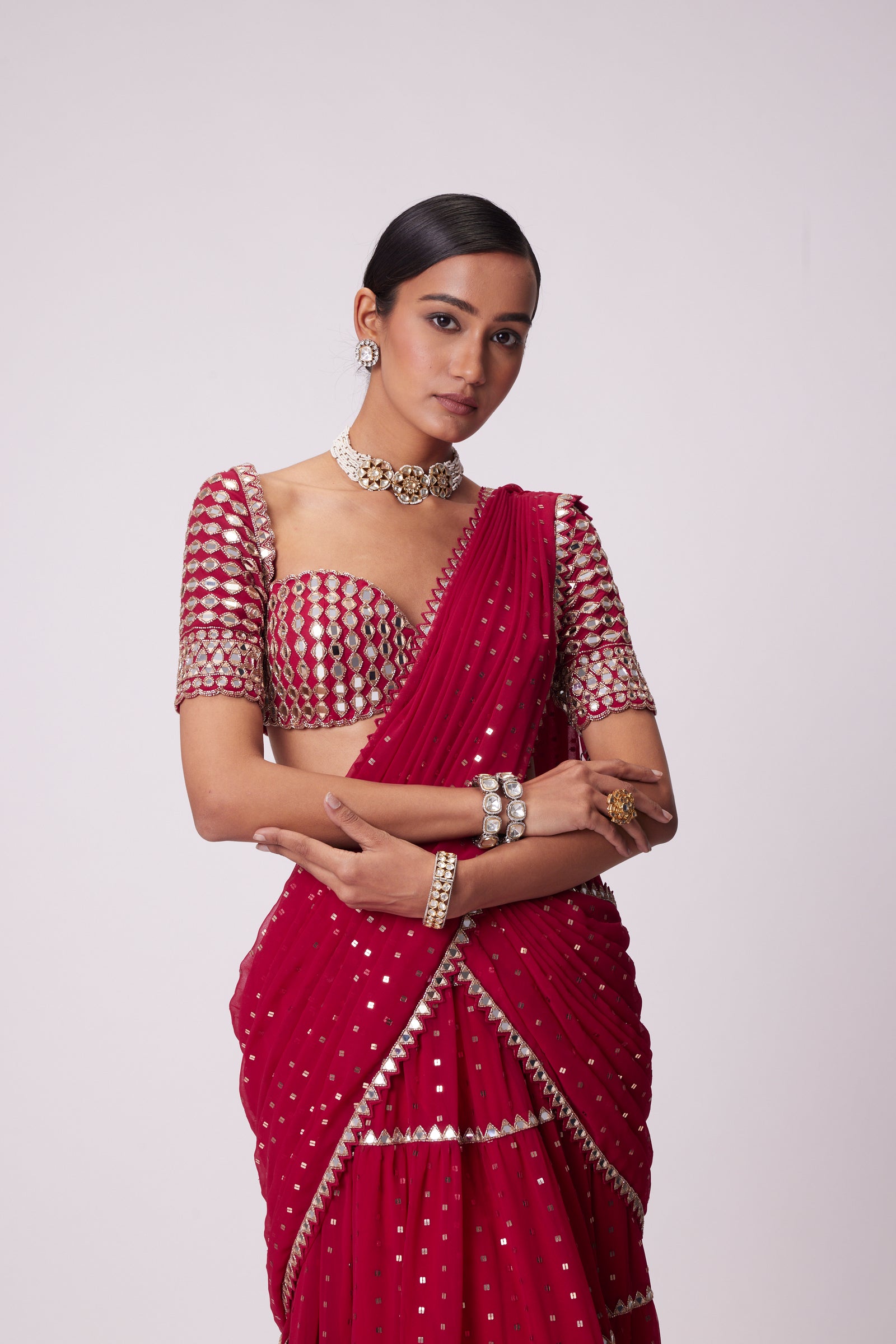 Crimson Red Multi- Tier Saree Set