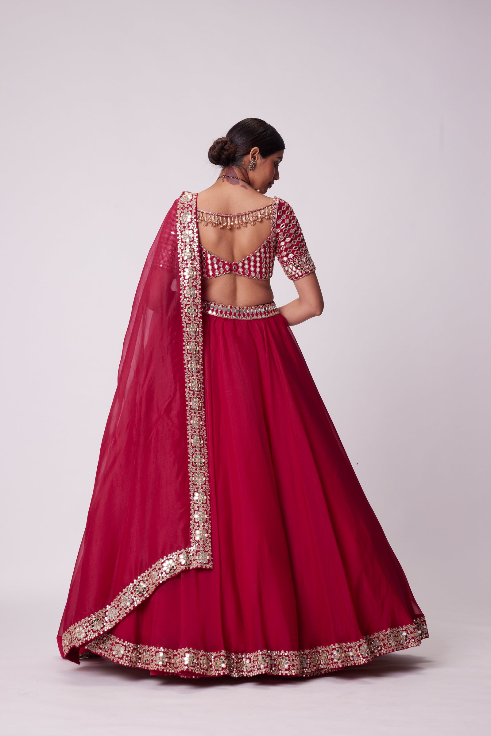 Crimson Red Organza Mirror Lehenga Set