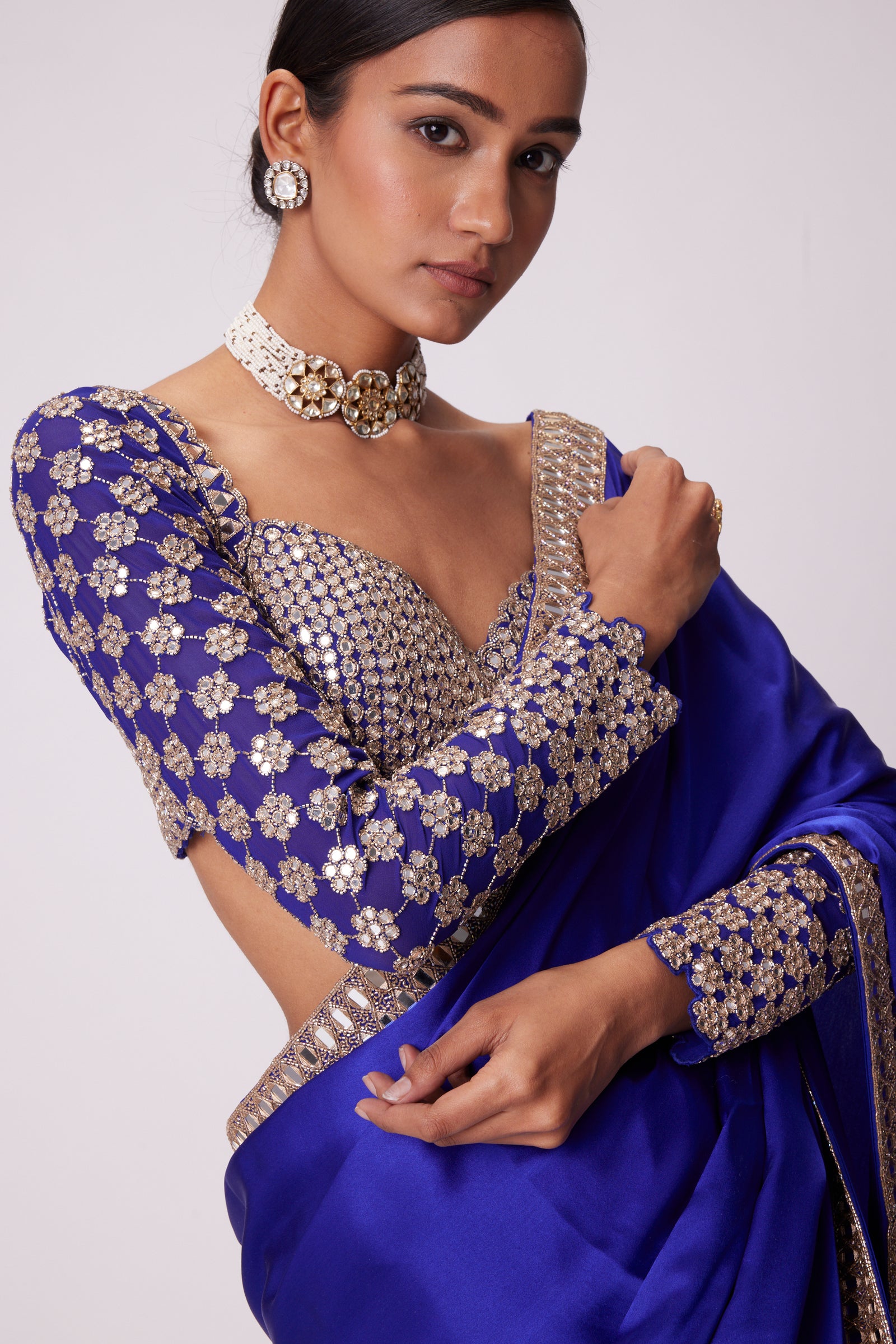 Persian  Blue Satin Saree Set