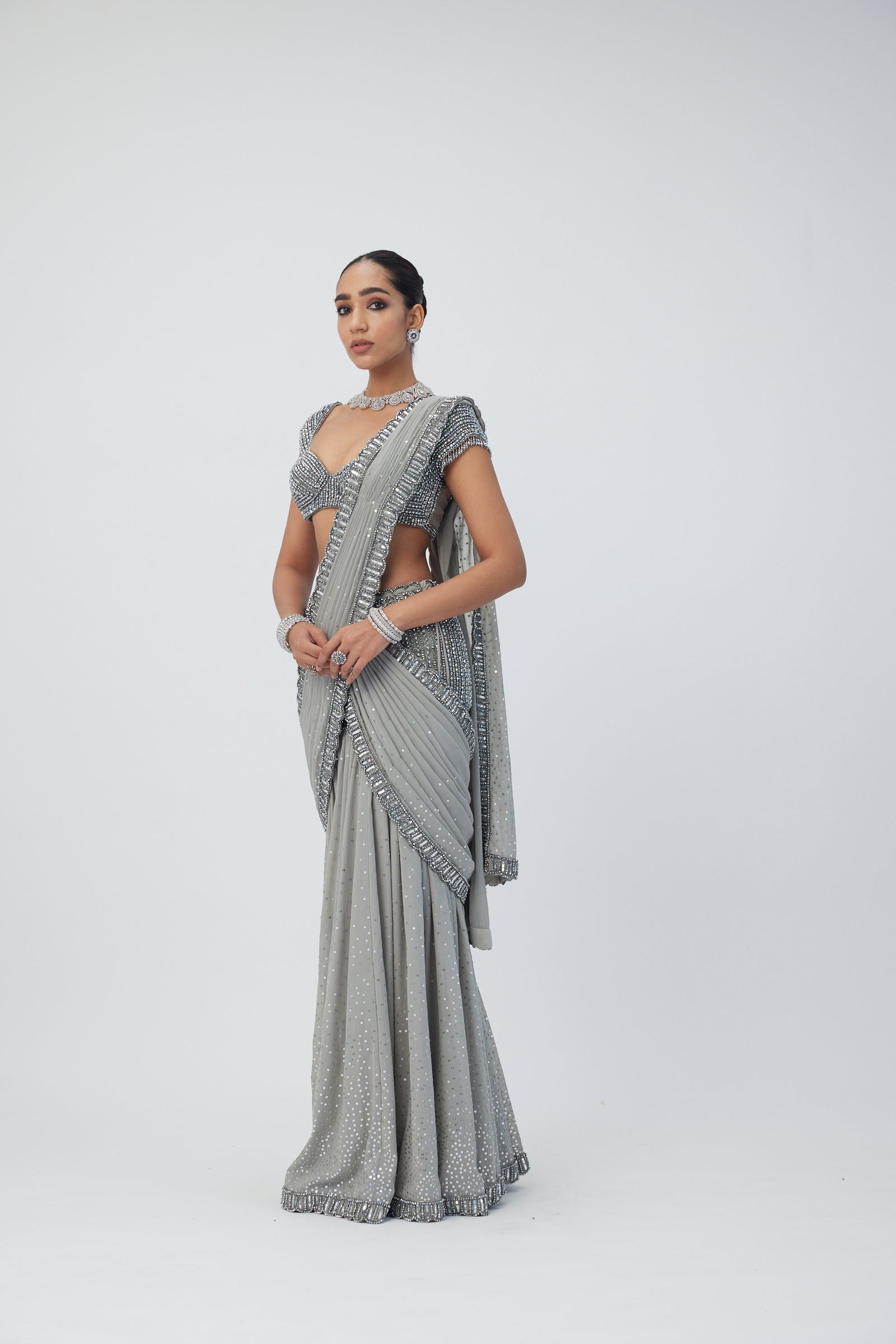 Hand Embroidered Pre Draped Georgette Saree