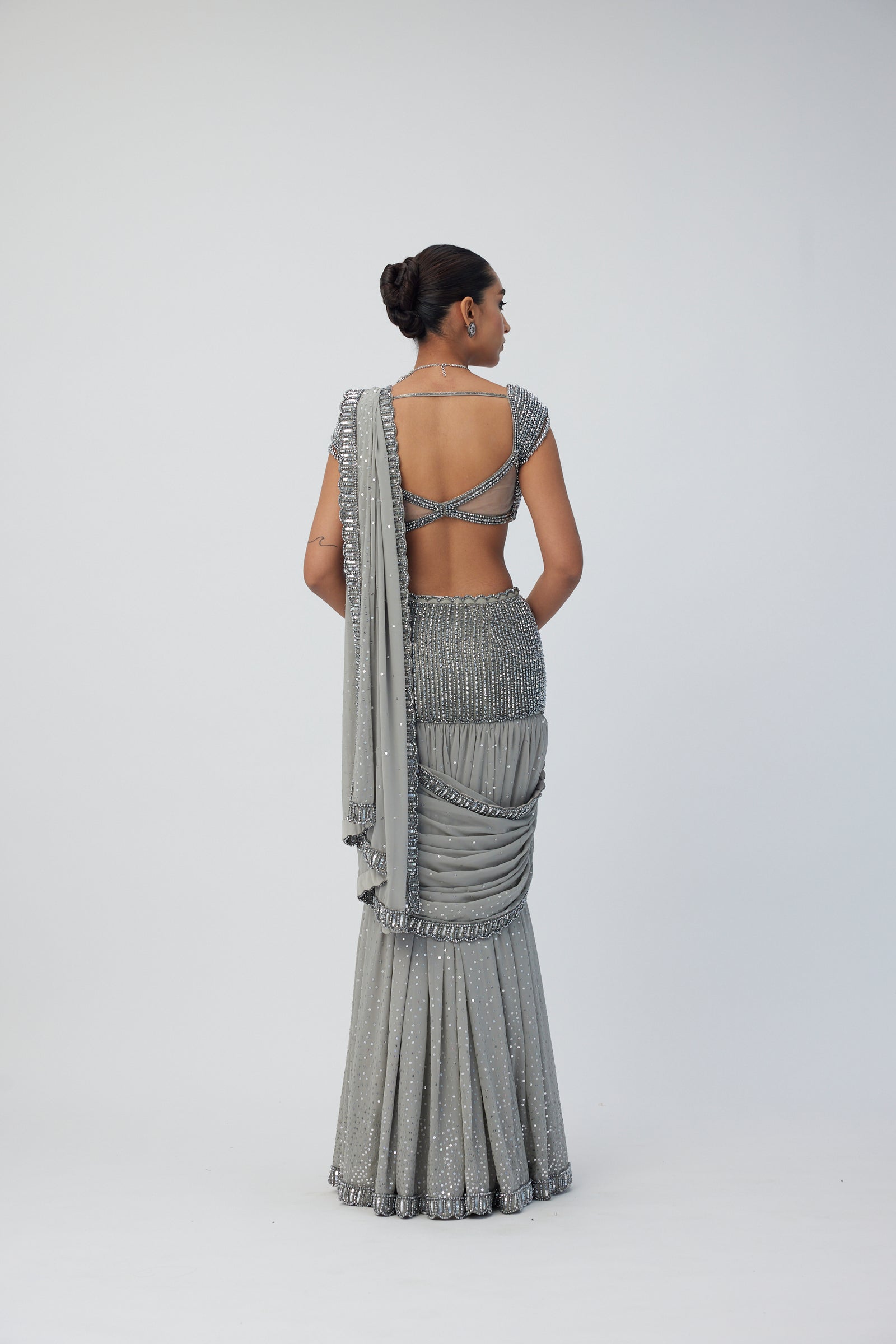 Hand Embroidered Pre Draped Georgette Saree