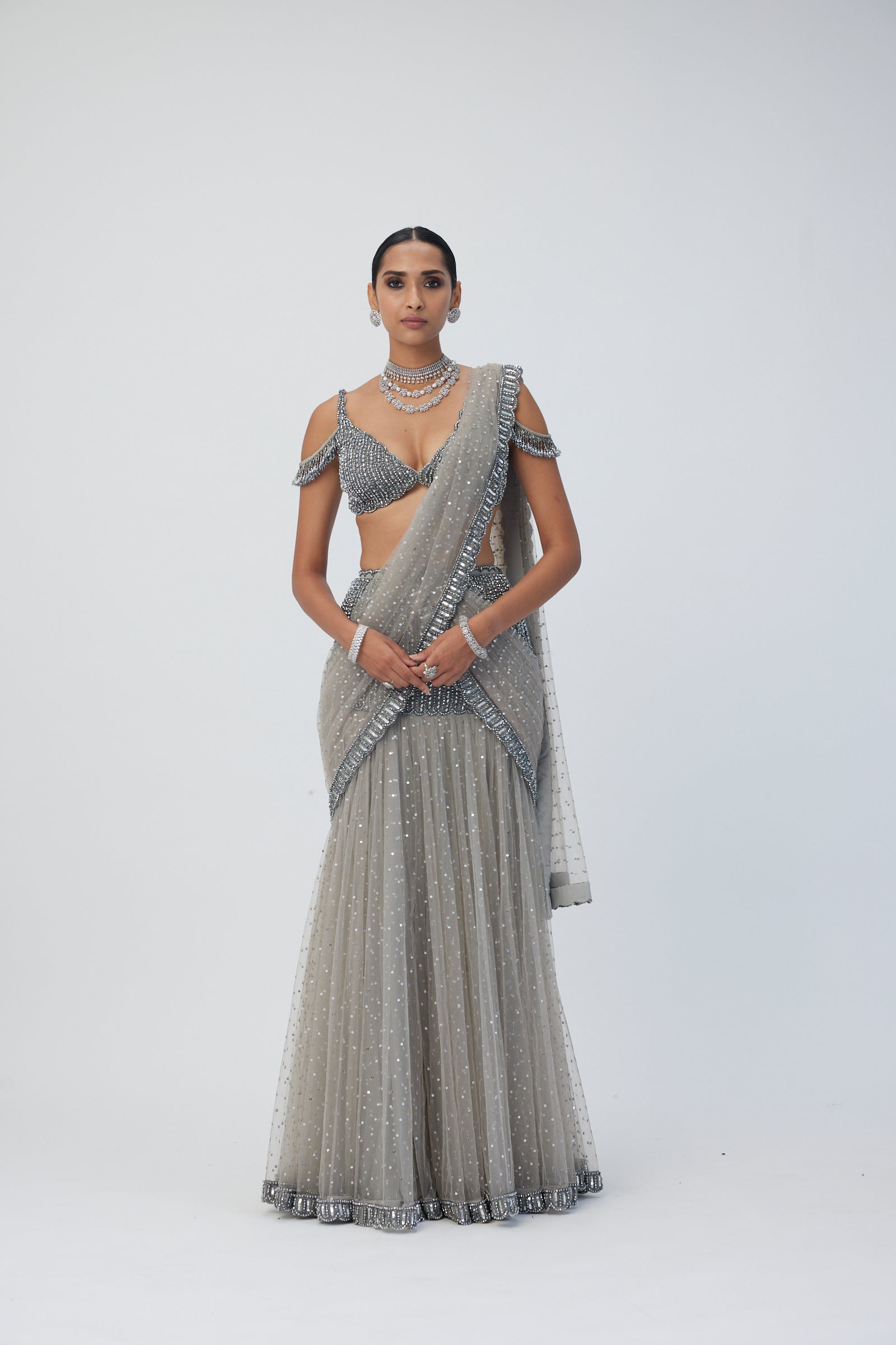 Crystal Grey Sequin Scattered Pre Draped Saree Set