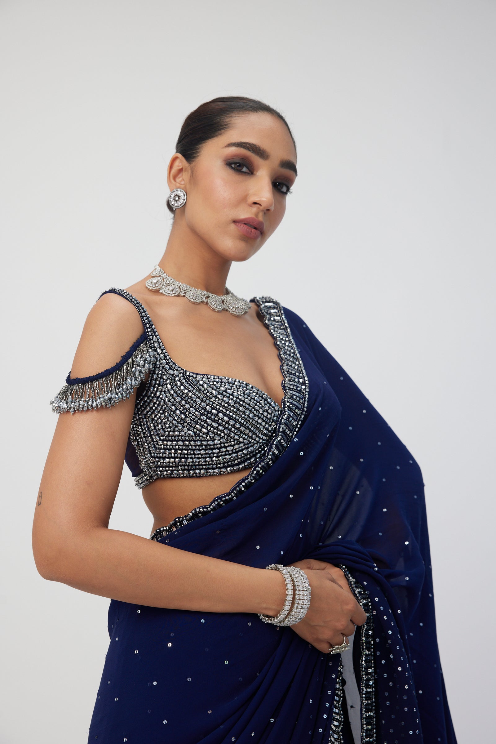 Deep Blue Sequins Embroidered Saree