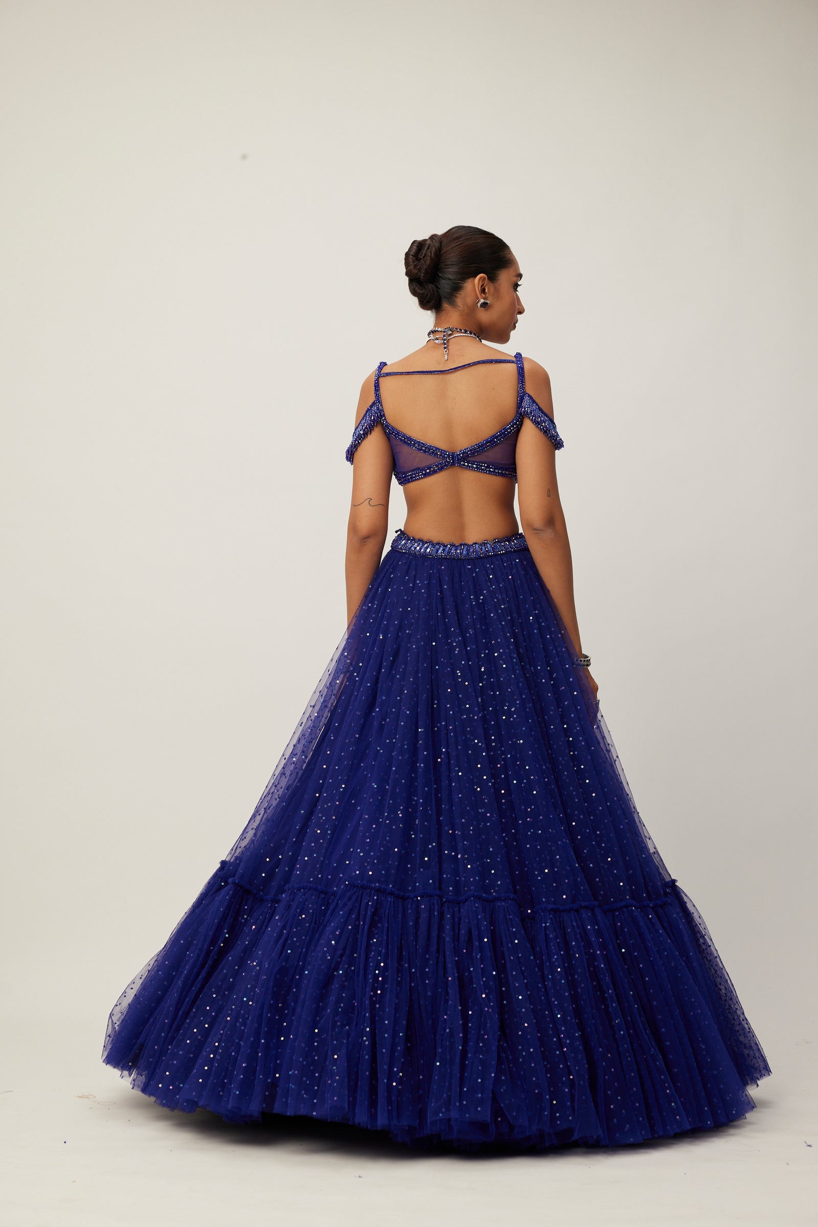 cocktail Blue Sequins Scattered Tulle Lehenga Set