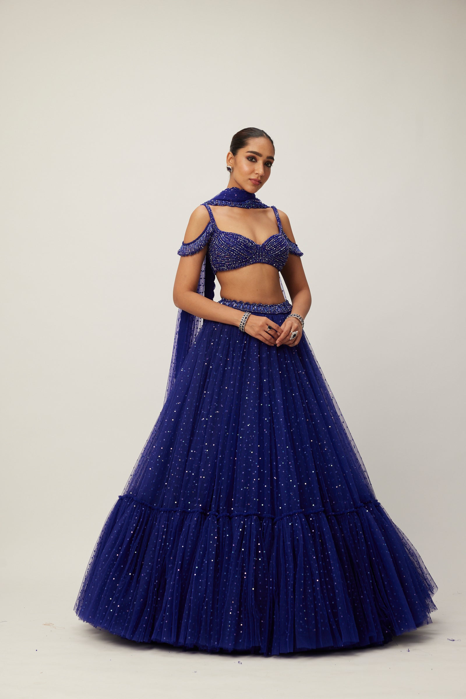 cocktail Blue Sequins Scattered Tulle Lehenga Set