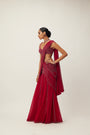 Ruby Red Pre Draped Crystal Embellished Saree Set