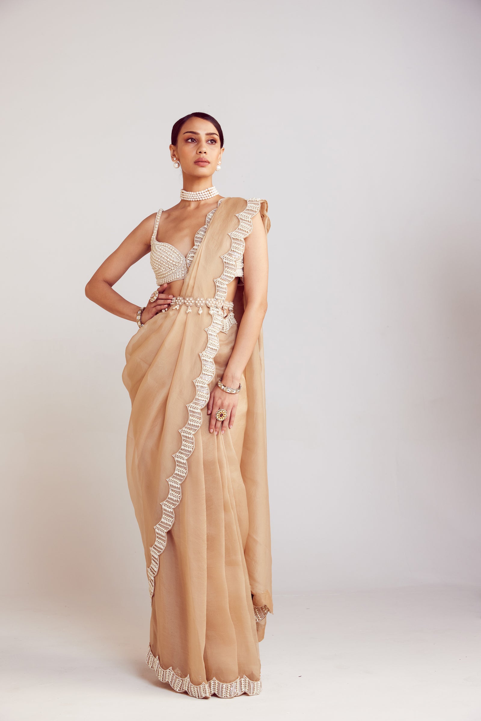 Beige Pre-Draped Saree Set