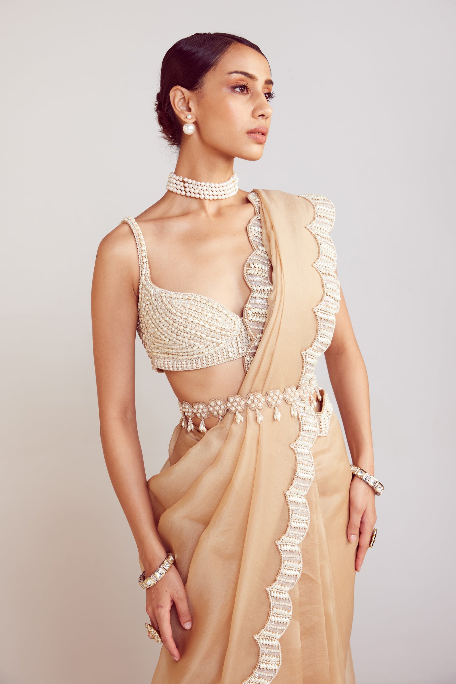 Beige Pre-Draped Saree Set