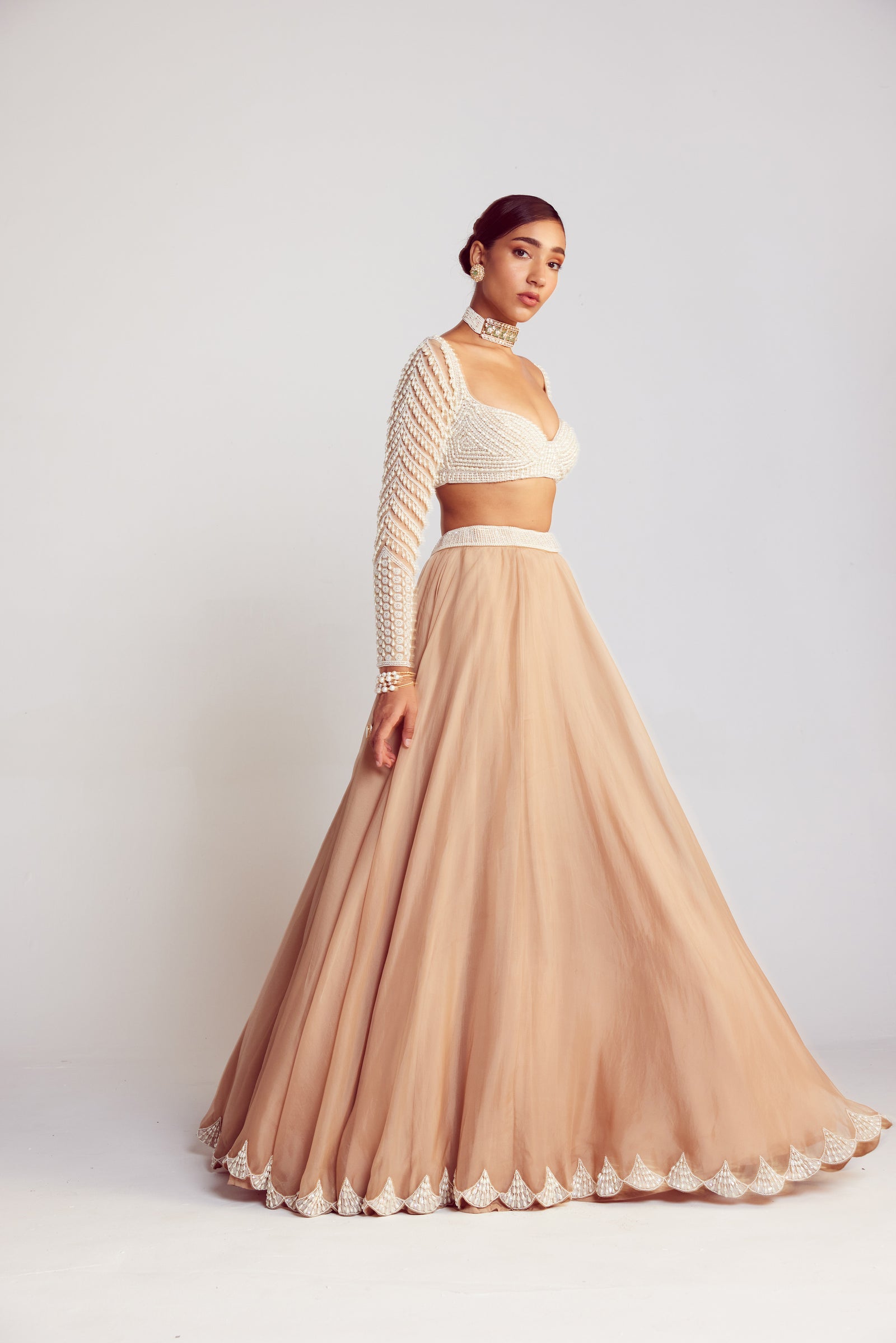 Beige Pearl Chandelier Drop Organza Lehenga Set