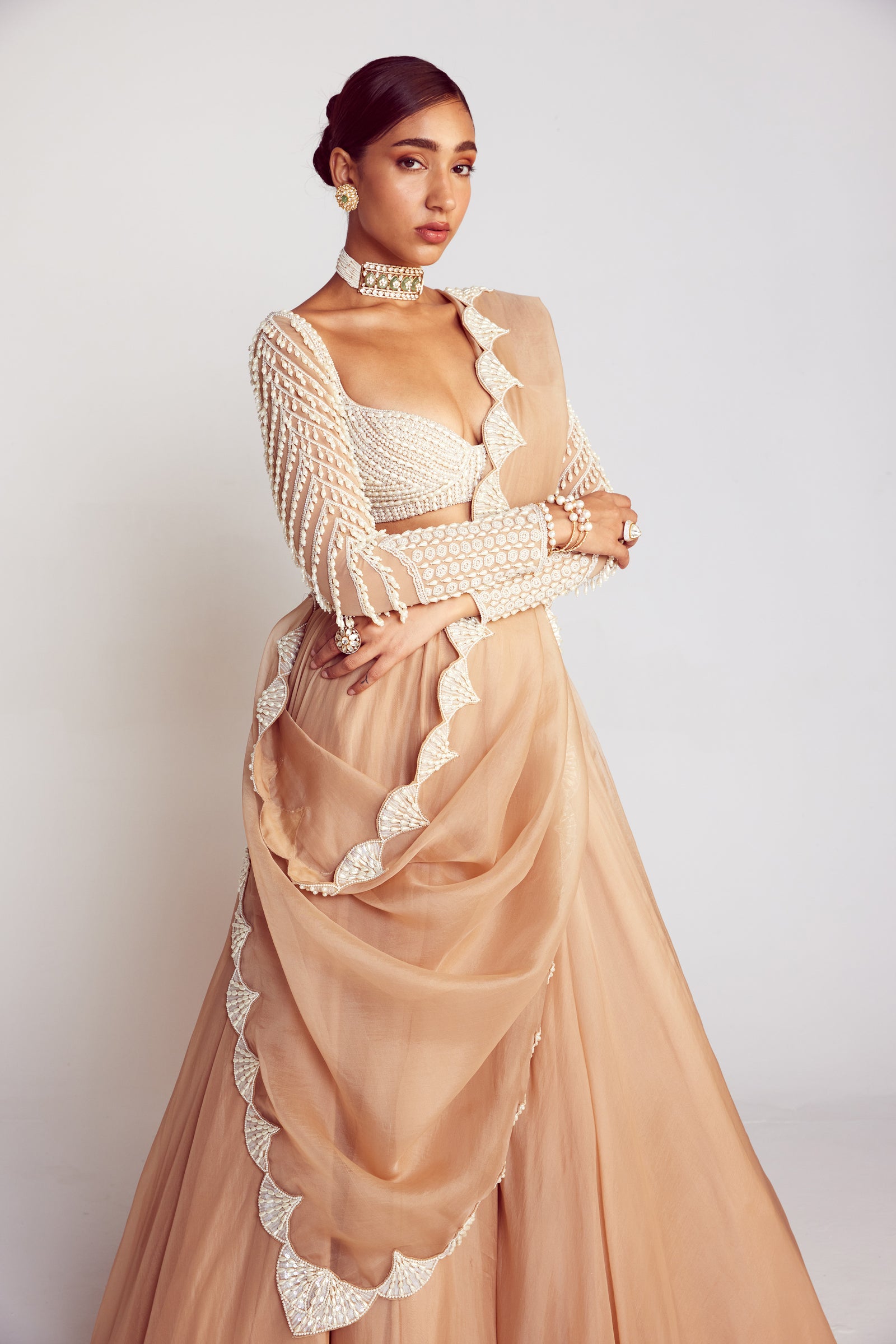 Beige Pearl Chandelier Drop Organza Lehenga Set