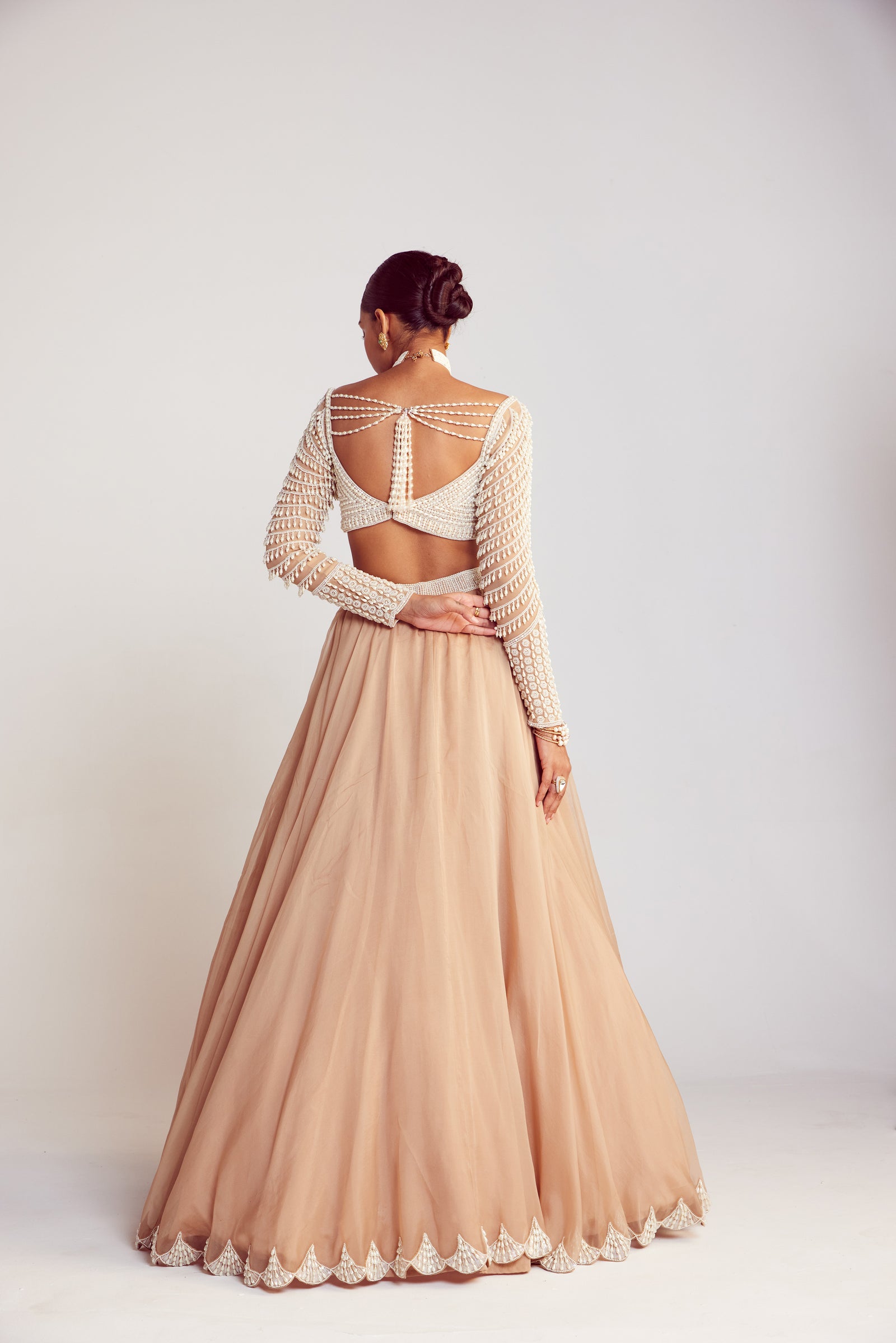 Beige Pearl Chandelier Drop Organza Lehenga Set