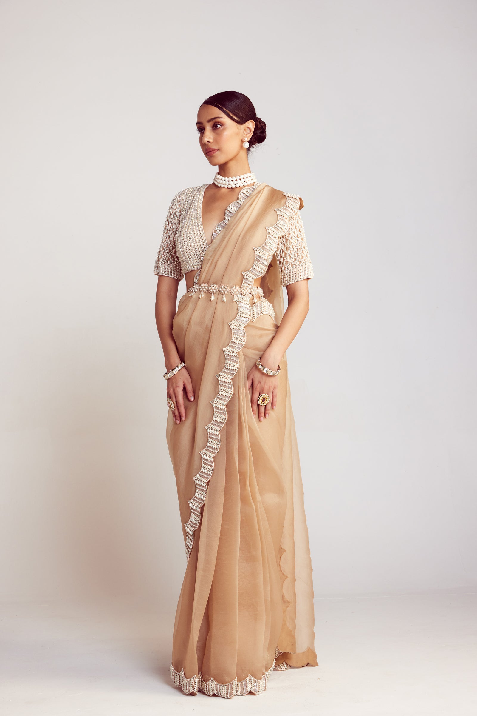 Beige V Neck Pre-Draped Saree Set