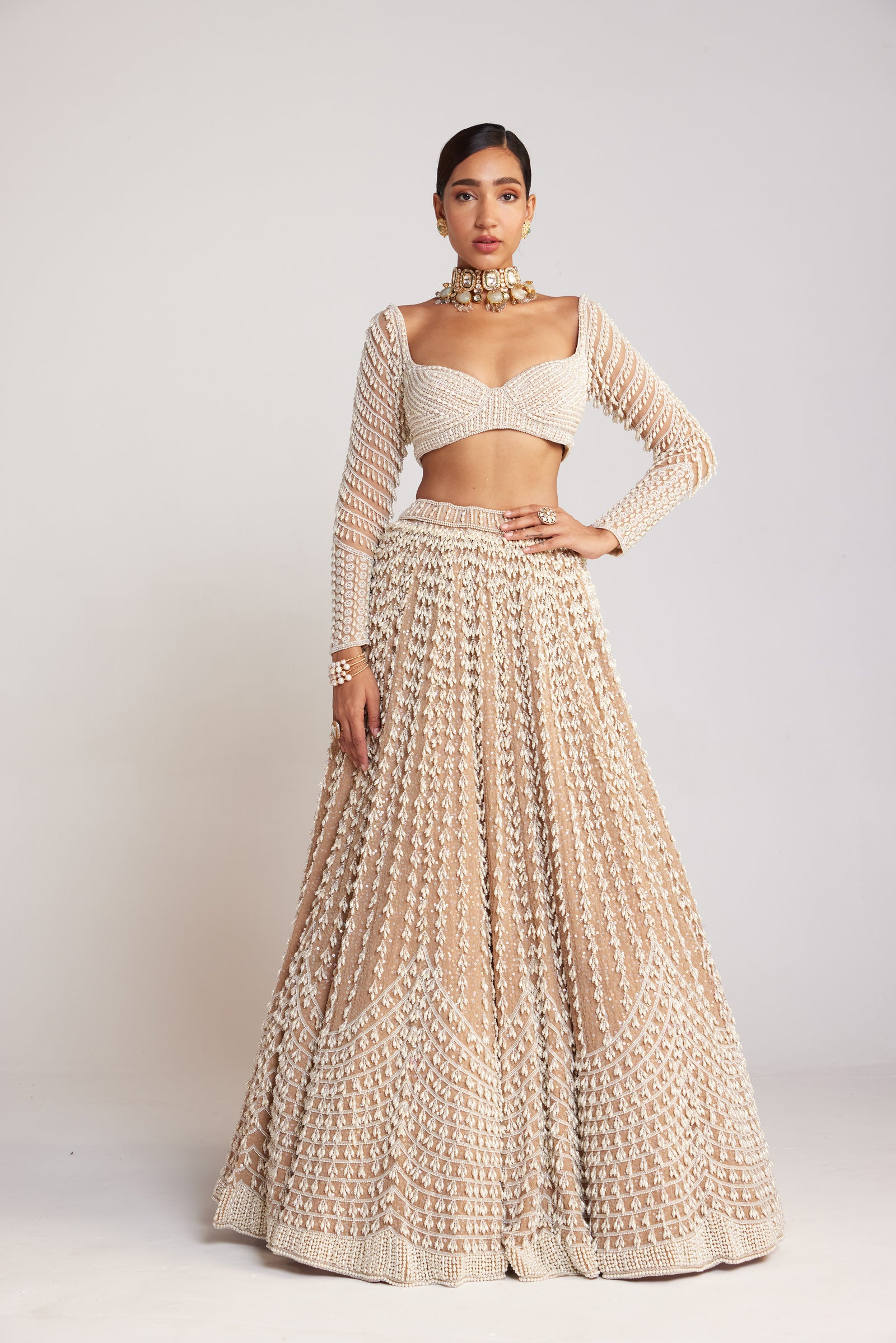 Beige Chandelier Pearl Lehenga Set