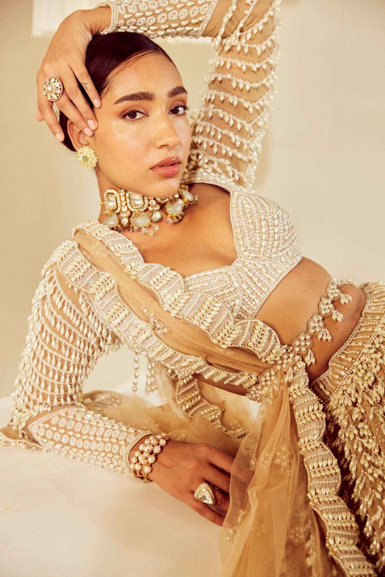 Beige V Neck Chandelier Pearl Lehenga Set