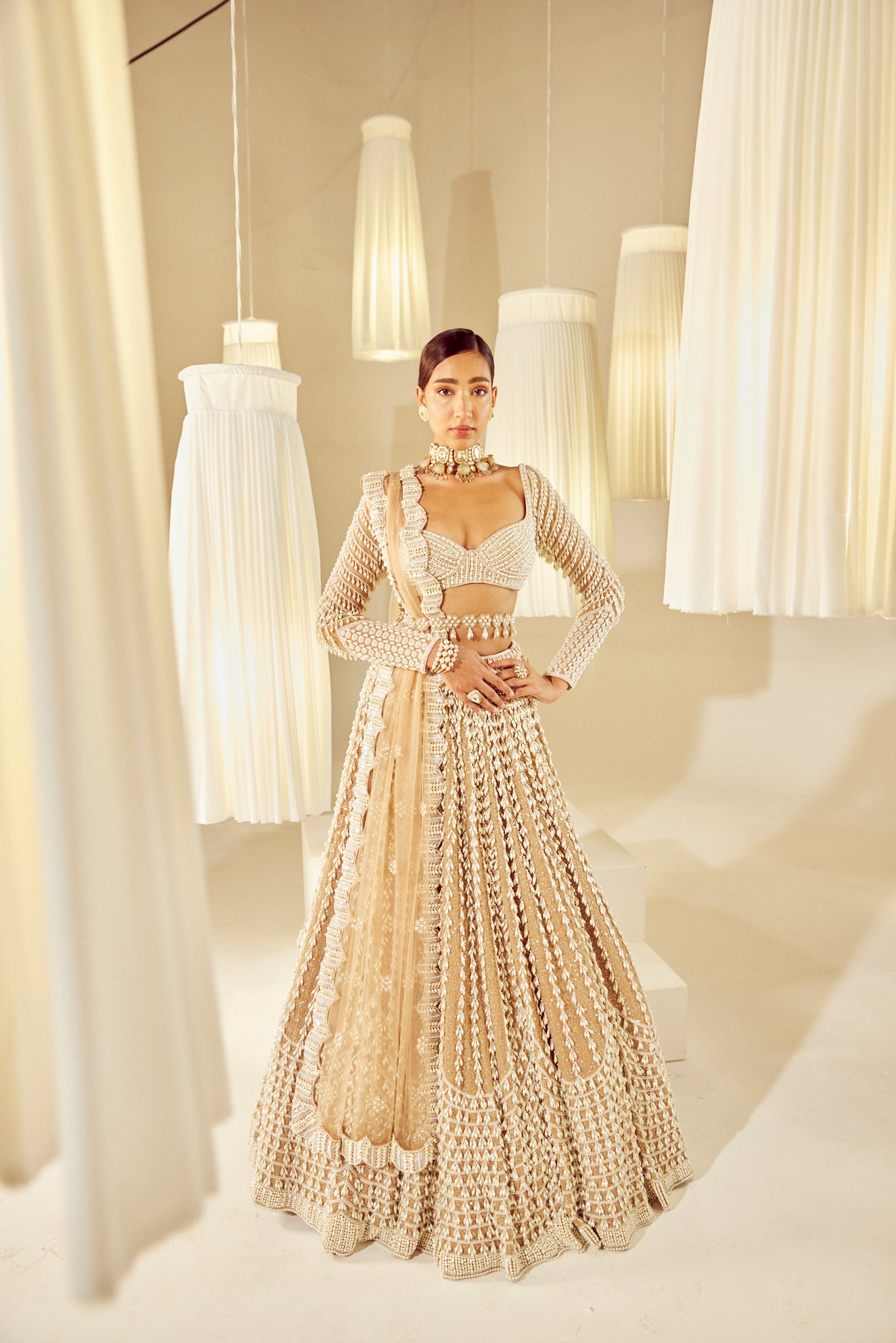 Beige V Neck Chandelier Pearl Lehenga Set
