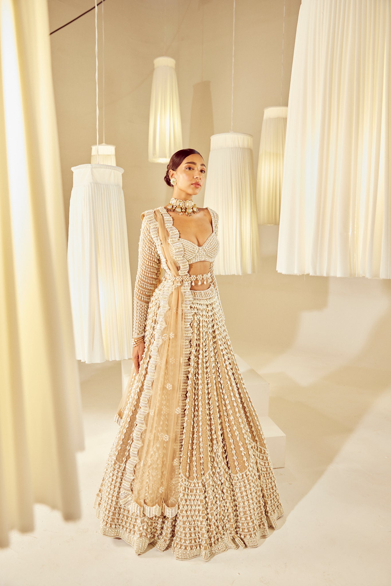 Beige V Neck Chandelier Pearl Lehenga Set