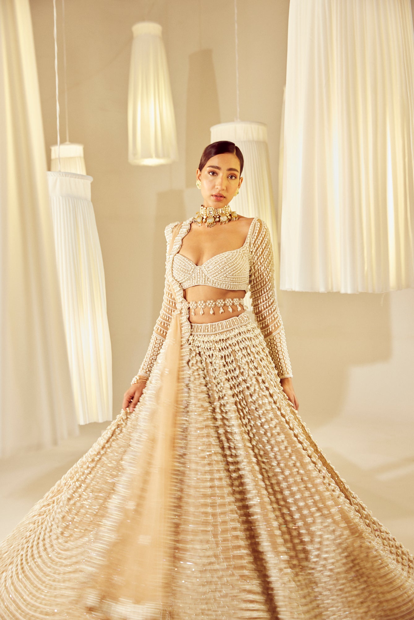 Beige V Neck Chandelier Pearl Lehenga Set