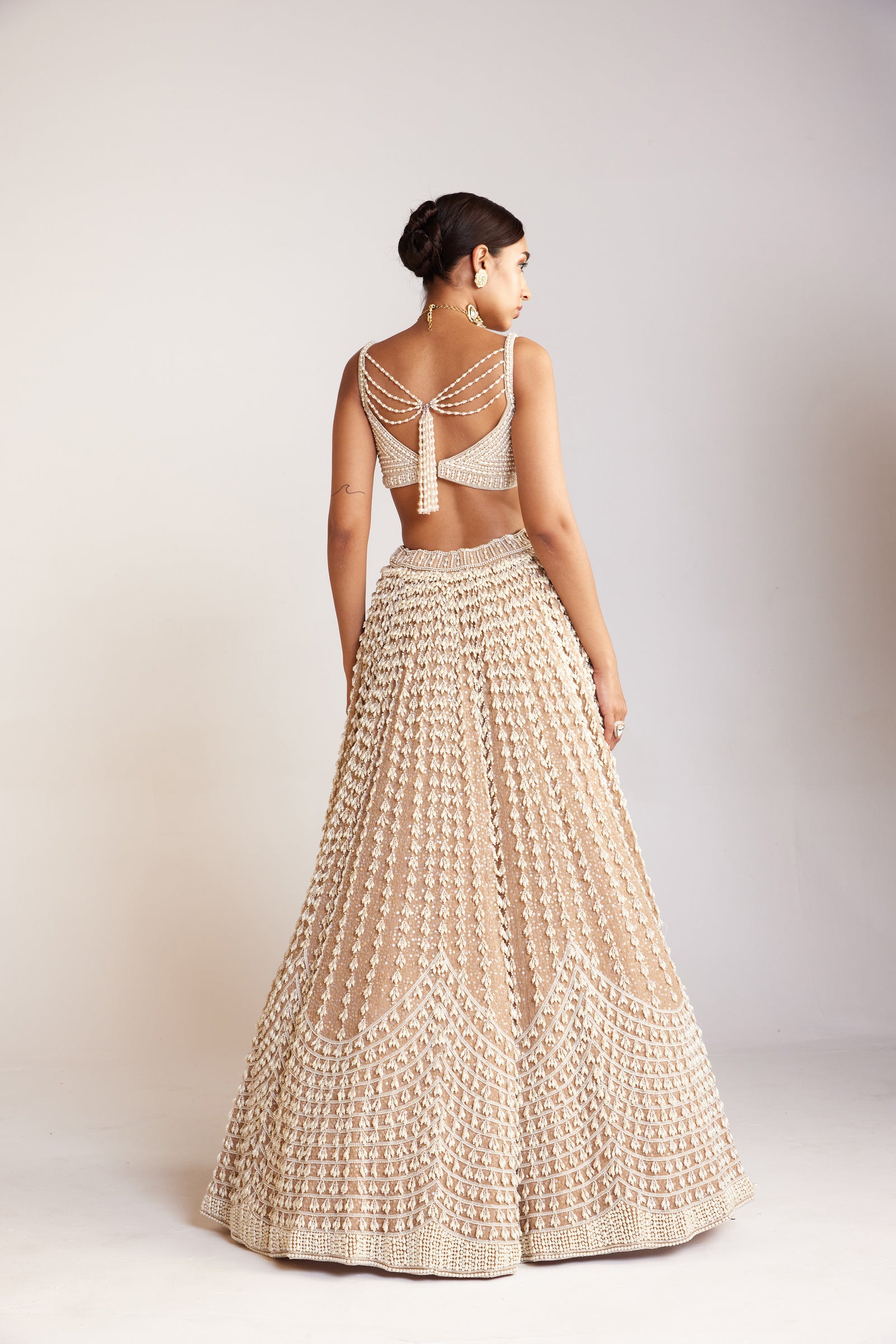 Beige Chandelier Pearl Sweetheart Neck Lehenga Set