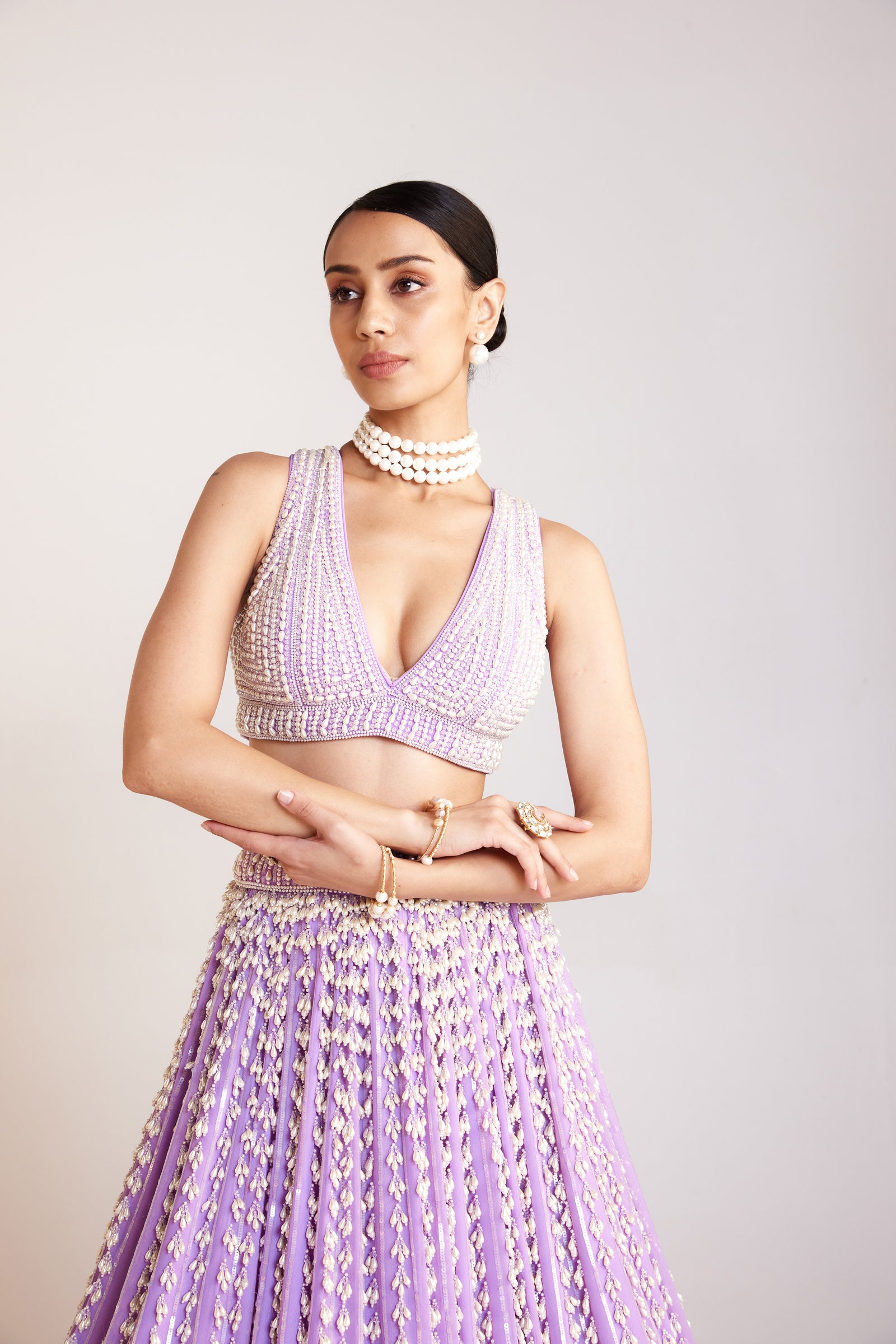 Lilac V Neck Pearl Chandelier Lehenga Set