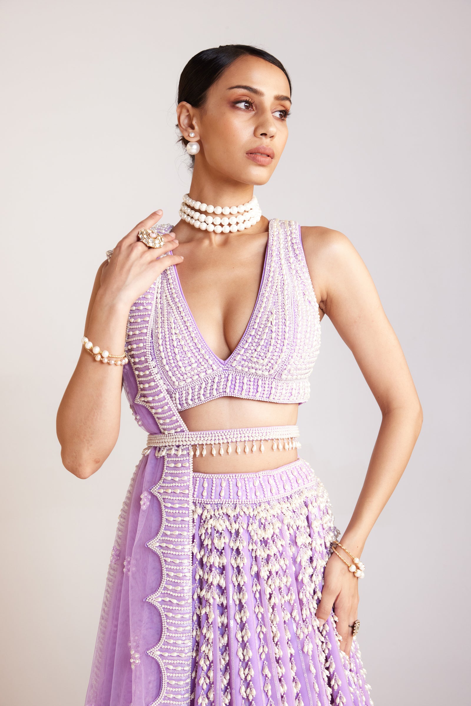 Lilac V Neck Pearl Chandelier Lehenga Set