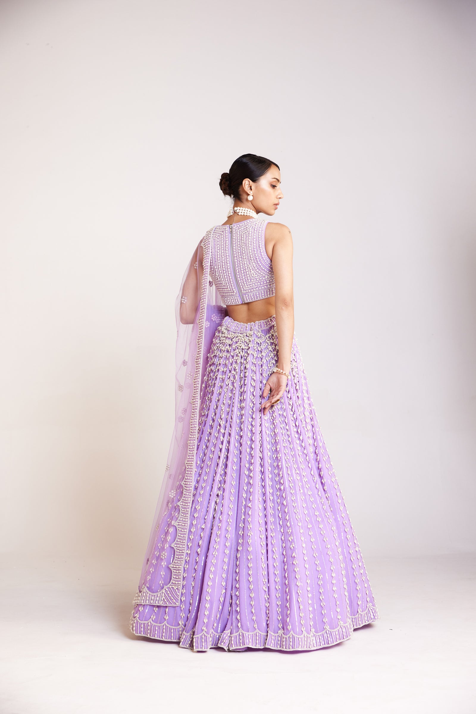 Lilac V Neck Pearl Chandelier Lehenga Set