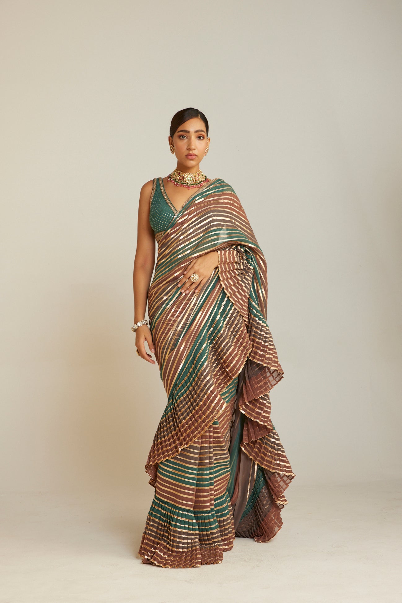 Pre Draped Mud Green Multicolor Saree Set