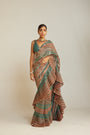 Pre Draped Mud Green Multicolor Saree Set