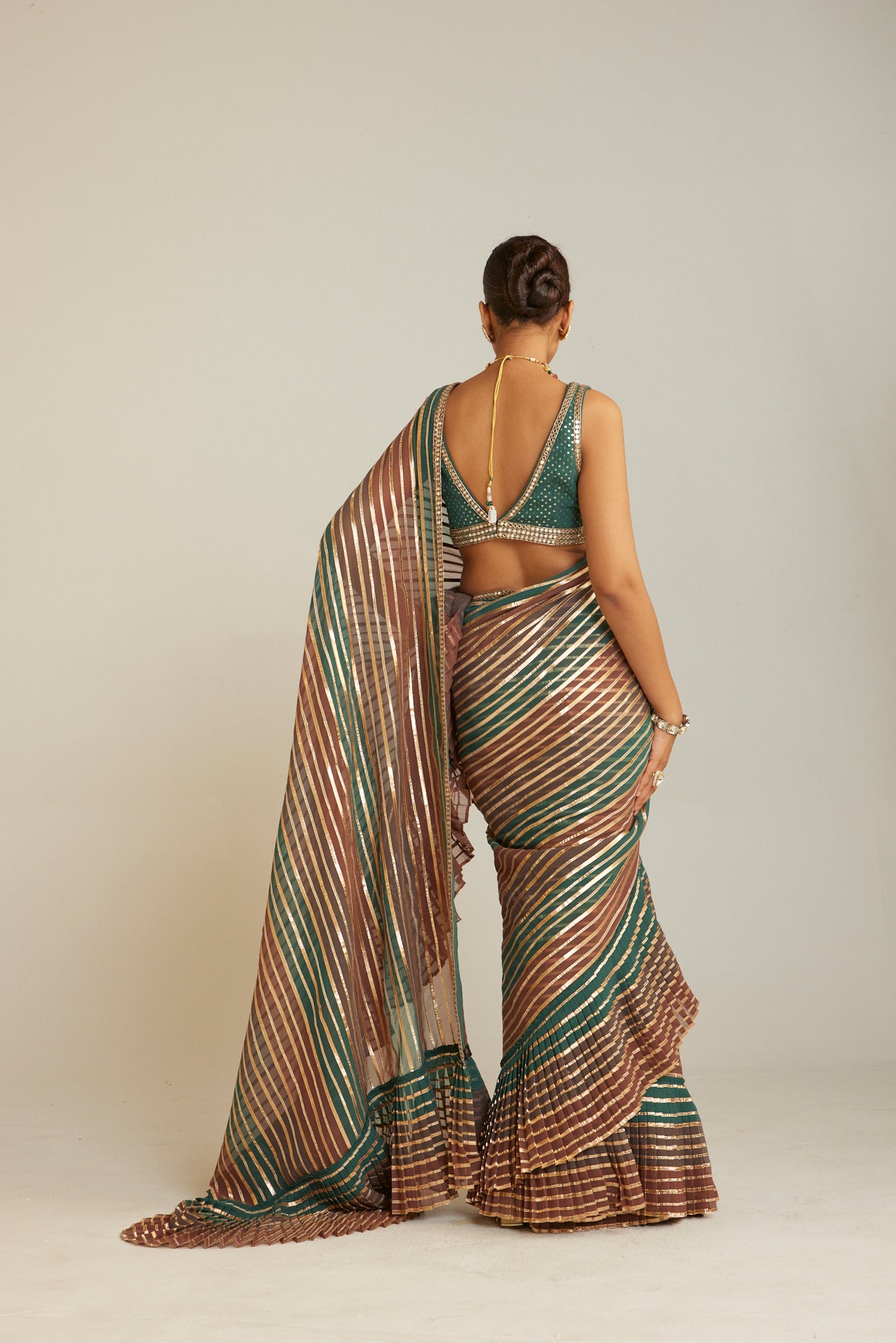Pre Draped Mud Green Multicolor Saree Set