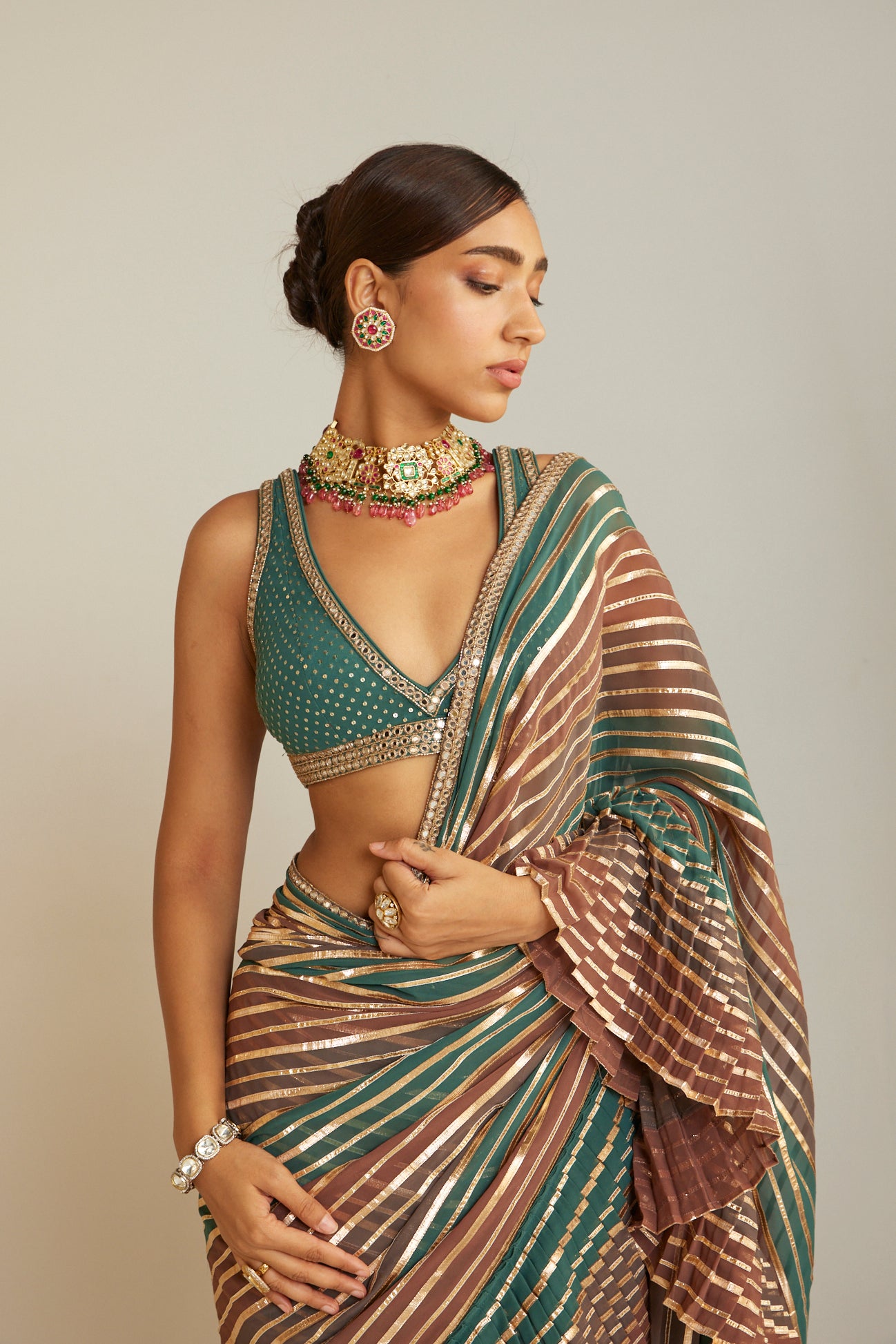 Pre Draped Mud Green Multicolor Saree Set