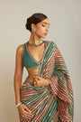 Pre Draped Mud Green Multicolor Saree Set